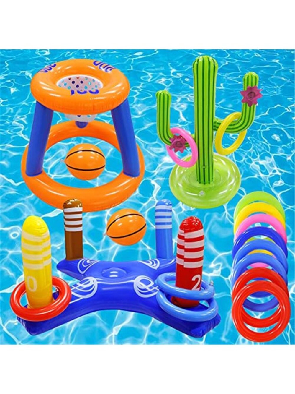 Inflatable Pool Toys Set Basketball Hoop Ring Toss Cactus Game Kids Family Party